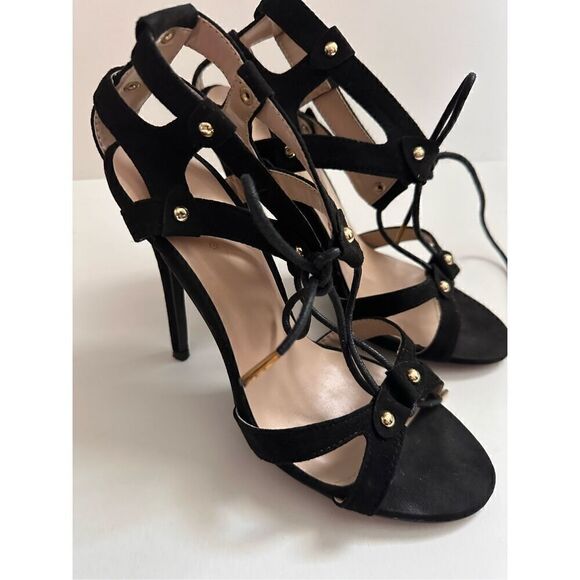 Qupid Black Faux Suede Lace Up Pump with Gold Embellishment - Picture 2 of 5